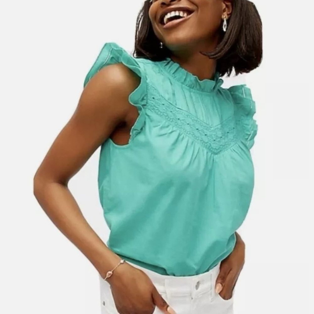 J. Crew Factory Turquoise Ruffled Lace Yoke Blouse